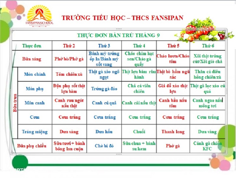 Thực đơn bán trú tháng 09 của Trường Tiểu học - THCS Fansipan