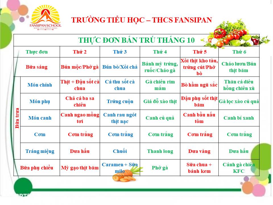 Thực đơn bán trú tháng 10 Trường Tiểu học - THCS Fansipan