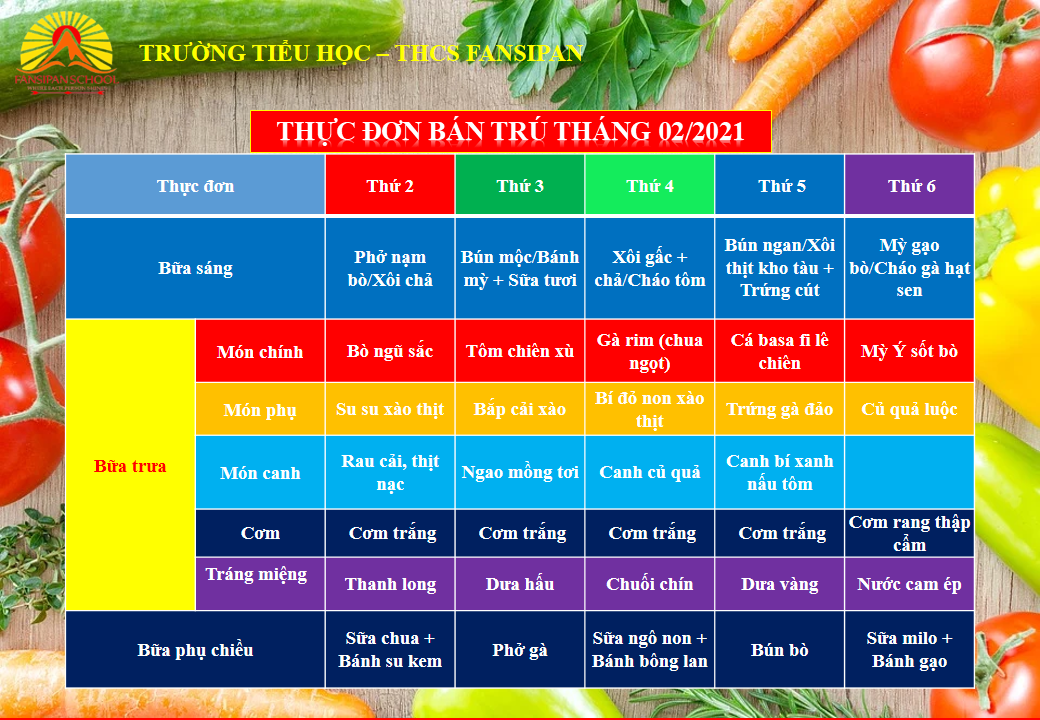 THỰC ĐƠN BÁN TRÚ THÁNG 02/2021 TRƯỜNG FANSIPAN