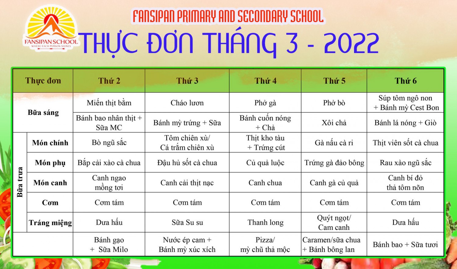 THỰC ĐƠN BÁN TRÚ TRƯỜNG TIỂU HỌC - THCS FANSIPAN THÁNG 03/2022